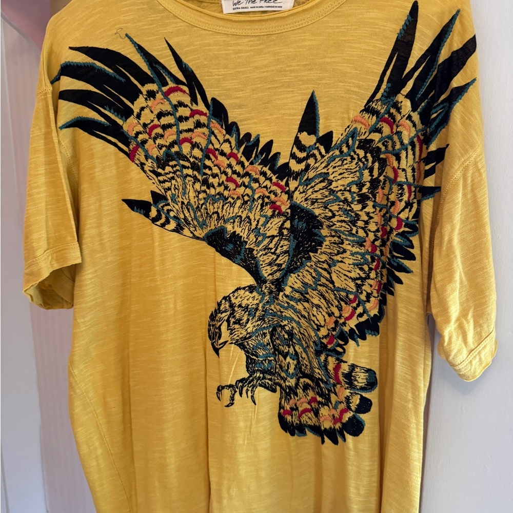 We The Free Yellow Black Embroidered Bird Tee Short Sleeve
